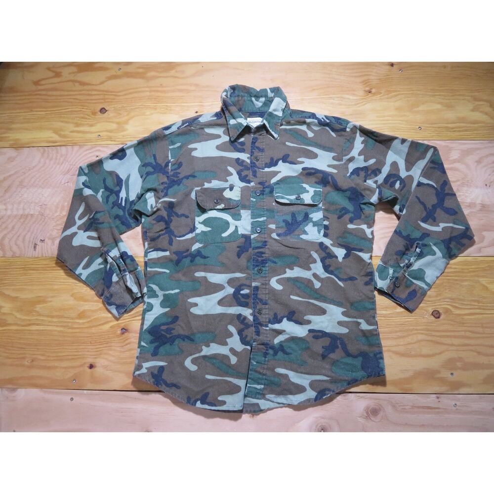 90s Five Brother Woodland Camo Button Down Flannel Shirt Sz 16.5 L Green